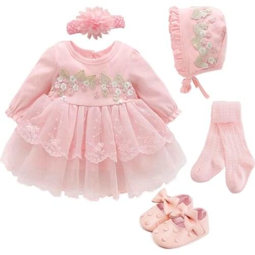 Newborn Baby Girl Dresses Clothes For 0-3 Month Set Party Birthday Dress Outfits 0-1 Years Shoes & Long Socks Christening