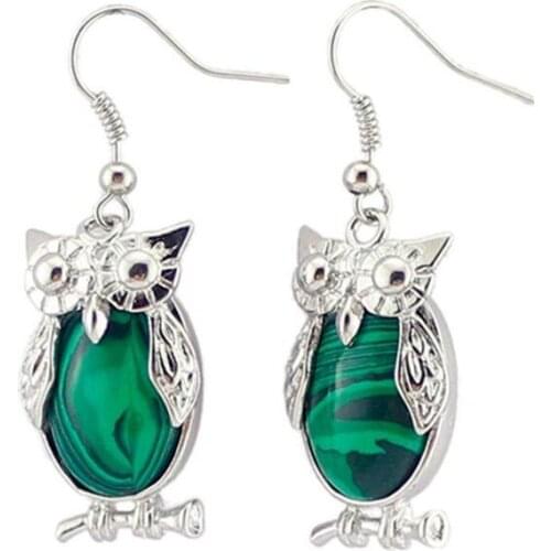 Silver Plated Wisdom Owl Shape Malachite Stone Dangle Earrings for Women Rose Pink Quartz Jewelry