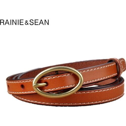 RAINIE SEAN Vintage Real Leather Women Belt Thin Pin Buckle Waist Belts Women Pants Belt for Jeans Accessories