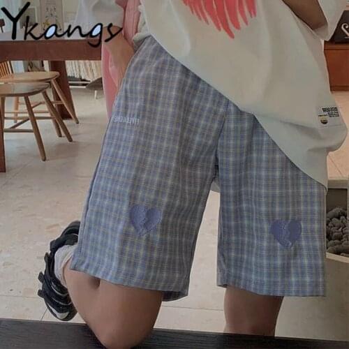 Plaid Heart Appliques Summer Sweat Shorts Women High Waist Harajuku Y2k Basic Biker Shorts Korean Casual Fashion Shorts Female
