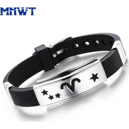 MNWT Silicone Zodiac Fashion Bangles For Men Women Black Stainless Steel Adjustable Unisex Bracelet Cool Jewelry Gift Masculina