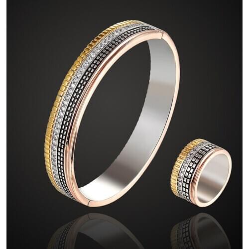 Fateama jewelry luxury brand bangle with ring 3A zircon micro pave setting four color plated bracelet For Women Pulseira Feminin