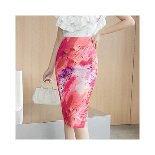 Womens Elegant Office Plus Size Print Half-length Skirt Hip Skirt Spring Summer Split Stitching Mid-length Skirt One-step Skirt