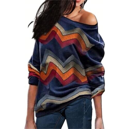 Women Blouses Off Shoulder Tops Striped Print Pullover Jumpers Casual Knitted Tops Long Sleeve Blouse Shirt Camiseta Mujer