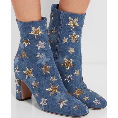 Spring Hot Glitter Stars Women Fashion Ankle Boots Knight Style Female Dress Boots Round Toe Zipper Side Ladies High Heel Boots