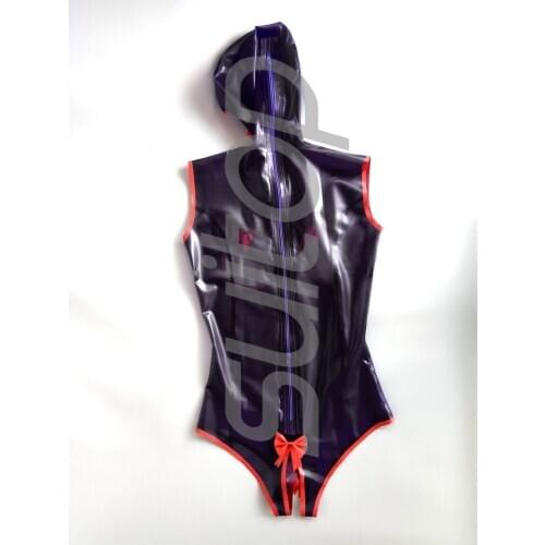Womens rubber leotard latex bodysuits with glued hoods in blackr with back zip and open brest and crotch and mouth