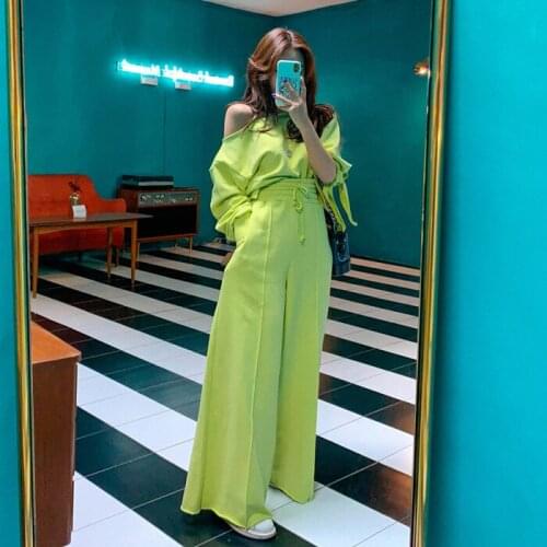 2021 Fashion Clothing Solid Color Suit Women Retro Slash Neck Off-shoulder Tshirt+loose Straight Wide-legged Pants Two-piece