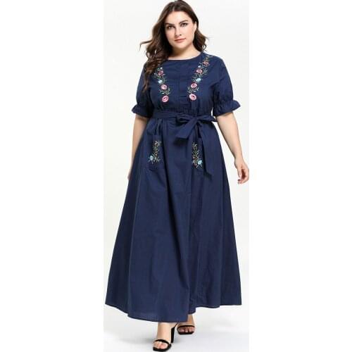 Plus Size Womens Muslim Sundress Embrodier Spring Elegant Ruffle Dress Female Patchwork Maxi Vestidos Casual Dress Robe 5XL