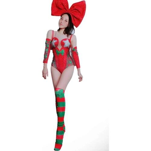 Christmas Rave Festival Skinny Stretch Women Bodysuits Evening Prom Celebrity Party Diamonds Costumes Singer Stage Dance Wear