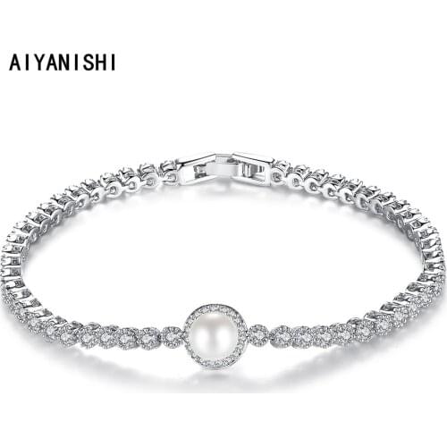 AIYANISHI 18K Gold Filled Tennis Bracelets Iced Out Pearl Sona Diamond Wedding Bracelet For Women Tennis Bracelet Party Gifts