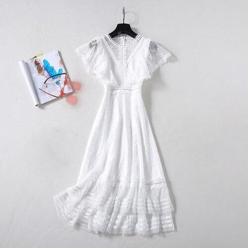 QUALITY Newest HIGH 2021 Fashion Designer Runway Dress Womens Elegant Butterfly Sleeve Sweet Mesh Embroidery White Lace Dress