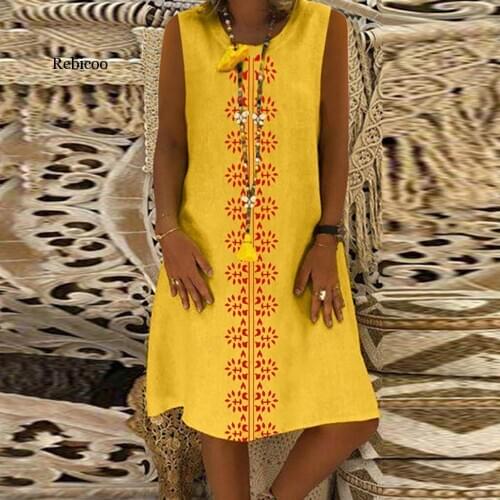 New Arrival Women Summer Style V-Neck Printed Cotton And Linen Casual Plus Size Ladies Dress