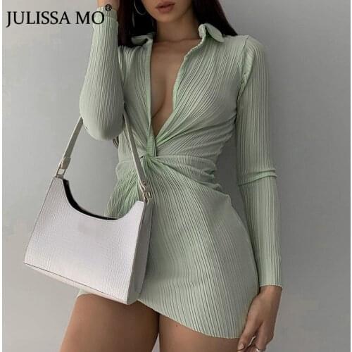 JULISSA MO New Long Sleeve Turn-Down Collar Mini Shirt Dresses Women Solid Casual Bodycon Dress Femme Sexy Streetwear Vestidos