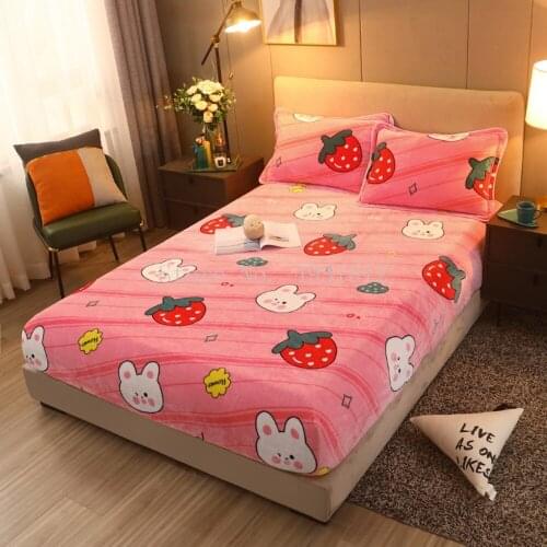 Winter Bunny Pattern Double-sided Velvet Maattress Protection Cover Non-slip Bed Cover Fixed Bed Sheet Decor Adult Kids Room