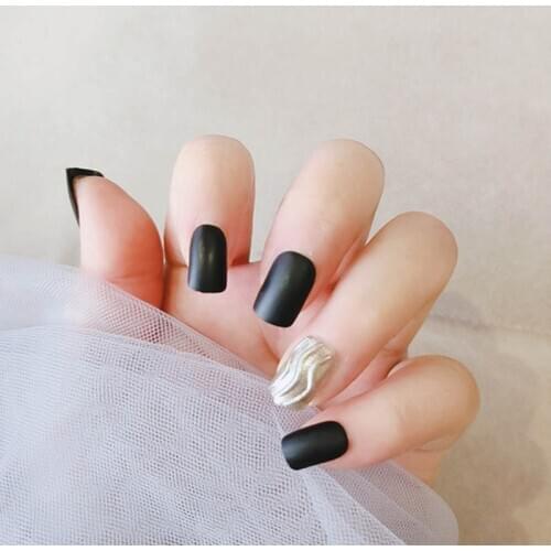 24PCS/Set Frosted Smoke Black Water Ripple Head fake Nails press on Suitable Girls Decoration Square Head Detachable Fake Nails