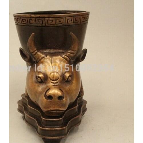 7" Marked Chinese Qing Dynasty Bronze Lucky Bull Ox Brush Pot Pencil vase Statue