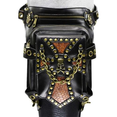 Corset Accessories - Black Leather Rock Retro Skull Rivet Chain Steampunk Gothic Cross Body Messenger Shoulder Bag Waist Leg Bag