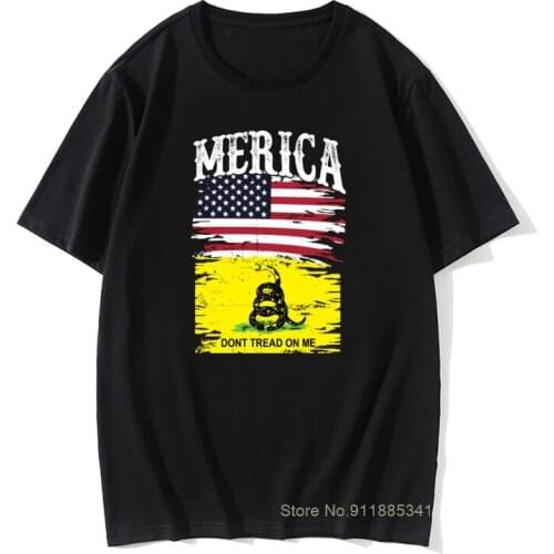 American Flag T-shirt 100% Cotton Tshirt Men Top T Shirts Snake Quote Tees Dont Tread On Me Vintage Tees Funny