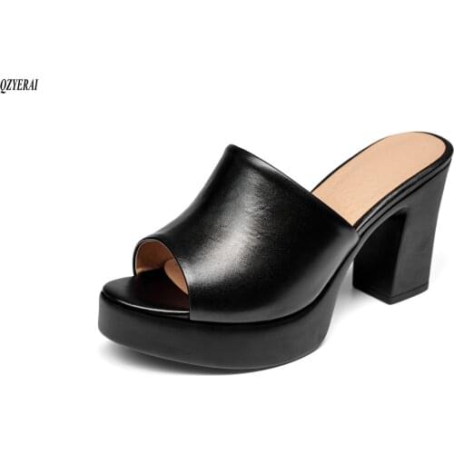 European spring summer leather womens slippers 9cm heel fish-toe sandals sexy cowhide womens shoes size 34-41