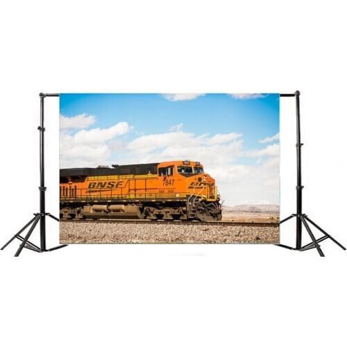 Photography Backdrop Locomotive Vintage Old Train Railroad Tracks Blue Sky White Cloud Nature Travel