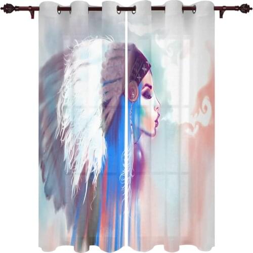 Indian Girl Boho Watercolor Sheer Curtains For Living Room Window Curtain Bedroom Kitchen Balcony Gazebo Curtain Room Divider