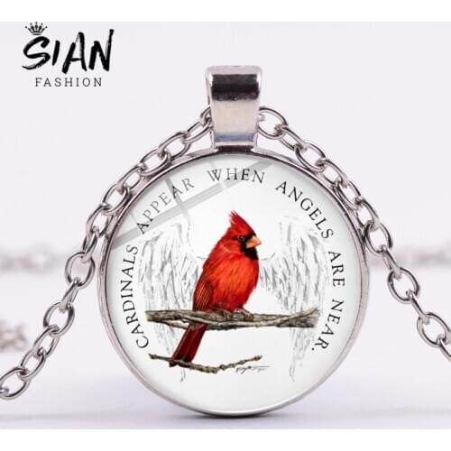 SIAN Cardinals Appear When Angels Are Near Necklace Unique Lucky Red Bird Art Photo Glass Cabochon Pendant Charm Gift Long Chain