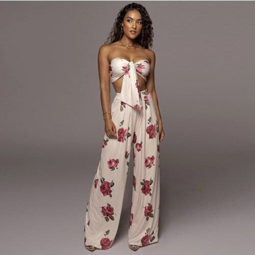 2PCS Sexy Women Bohemia Floral Printed Off Shoulder Crop Tops+Wide Leg Pants Streetwear Suit Two Piece Outfits Matching Sets