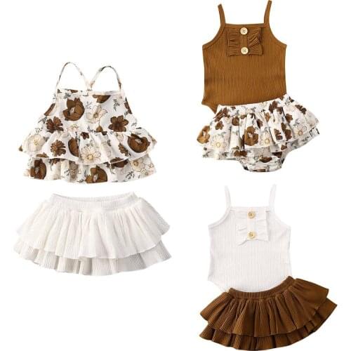 0-24M Infant Baby Girl Clothes Sets Sleeveless Sling Tops Romper+Floral Print Tutu Skirt Outfit Sunsuit