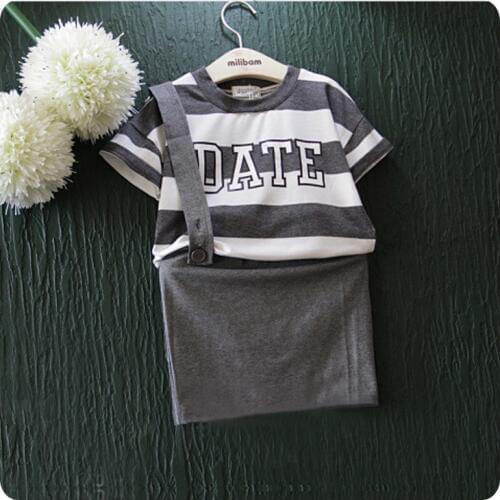 Korean 2016 Girl Childrens Garment Summer 2 Pieces Set New Pattern Girl Baby Stripe T-Shirt Jacket Straps Skirt Fashion Suit
