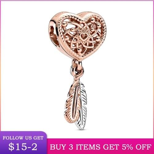 LByzHan 925Silver 2020 New Rose Gold Openwork Heart Two Feathers Charm Beads Fit Original 3mm Charm Bracelet Jewelry Gift