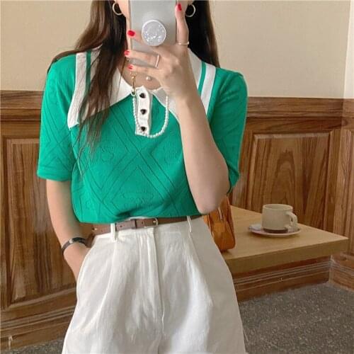 Summer Womens 2021 New Short-sleeved Knitted POLO Cherry T-shirts Female Short-sleeve Tops Hollowed Out Slim T-shirt Thin Chic