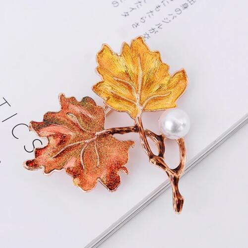 LUBOV Color Painted Maple Leaves Design Metal Brooch Pin Imitation Pearl Decoration Gold Color Brooches Pins Women Party Jewelry