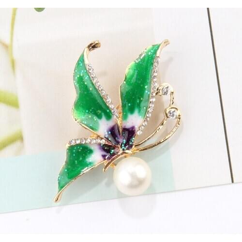Metal Broches Para Ropa Mujer Green Enamel Pin Pearl Butterfly Brooch For Women Bridesmaid Gift