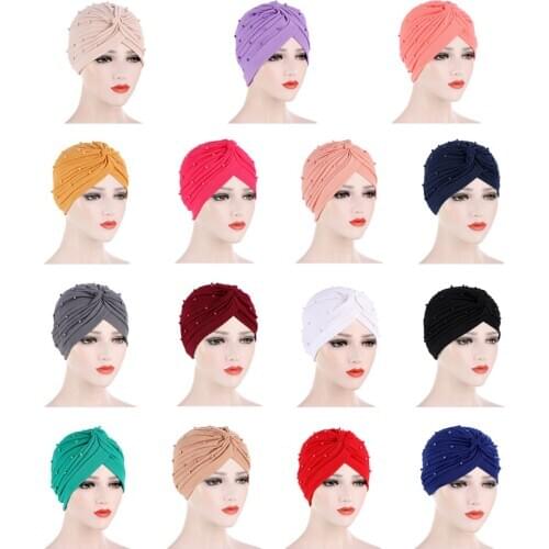 Muslim Women Indian Hat Turban Ruffle Pleated Beads Beanies Skullies Hair Loss Hat Head Wear Head Wrap Chemo Cancer Accessories
