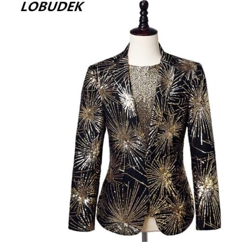 Punk Style Mens Gold Sequins Embroidery Black Suit Jacket Fashion Popular Hip Hop Singer Host Slim Tuxedo Blazer Stage Costume