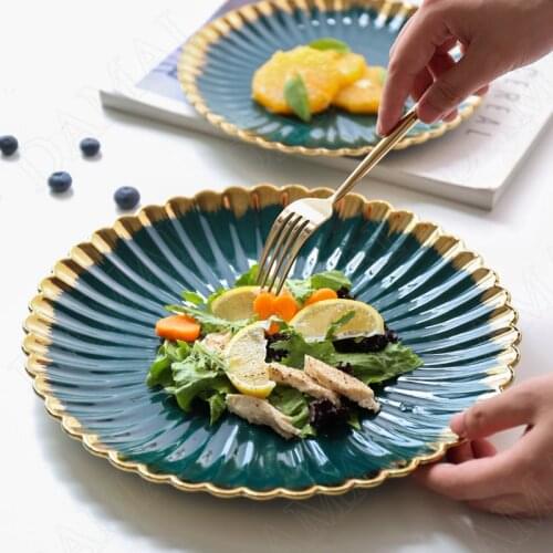 Golden Frame Ceramic Plates Set Retro Color Glaze Porcelain Dinner Plate Hotel Restaurant Serving Platter Home Kitchen Tableware