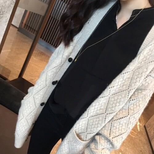 2021 new diamond hollow cashmere cardigan womens V-neck medium and long coat loose and thin knitted sweater