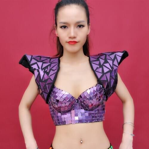 Sexy laser dance bra pant shoulderwear Purple Mirror Costume full set Nightclub Bar Female Singer DS Dance Team clothing