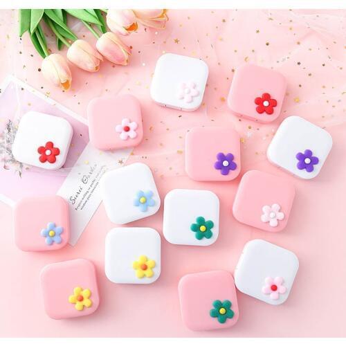 Q Zyomy Plastic Eye Care Holder Invisibility Glasses Case Nursing Bins Portable Travel Kit Square Easy Carry Cute Flower Box