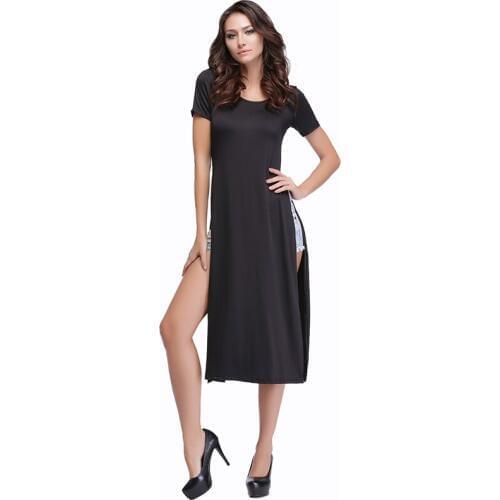 Summer High Split Dress Woman Crew Neck Maxi Dress Short sleeve Sexy Beach Dress Beachwear