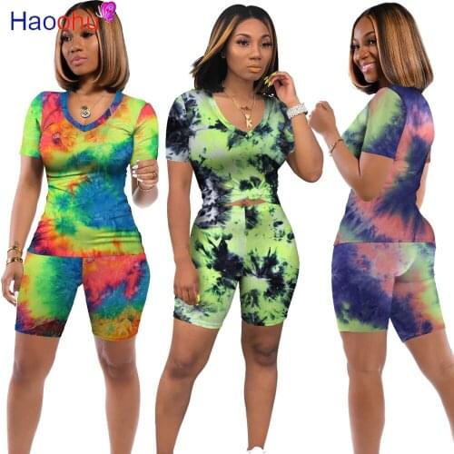 Tie Dye Print Casual Two Piece Set Tracksuit Sport Suits for Women Short Sleeve Loose T-shirt and Biker Short Feminine Clothing