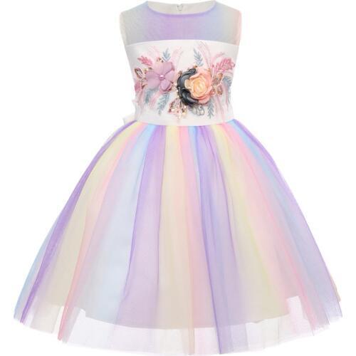 Rainbow Unicorn Dress Kids Girls Flower Unicorn Fancy Dress Up Tutu Tulle Princess Dress Girls Birthday Clothes for Photo Shoot