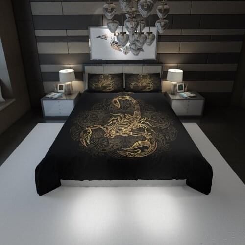 Wuruibo Luxury Gold Scorpion Bedding Set Queen Animal Scorpio Duvet Cover Constellation Bed Set Bohemian Print Black Bedclothes
