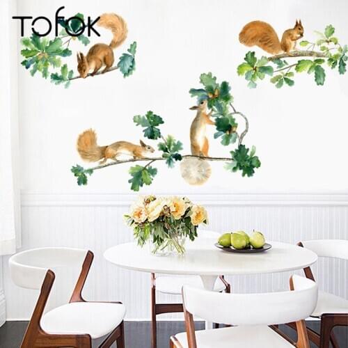 Tofok Branch Squirrel Chestnut Wall Sticker Watercolor Style Home Window Door Decoration Dorm Nursery Children Room Mural Decals
