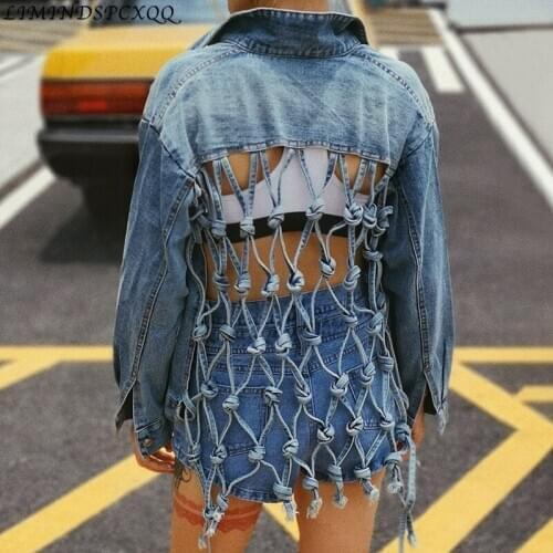New Women Sexy Backless Cutout Jeans Jacket Long Sleeve Tassel Bandages Coat Female Fashion Female Denim Jacket Chaqueta Mujer