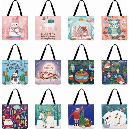 Lady Shoulder Bag Cartoon Printing Tote Bag Snowman Santa Linen Febric Casual Tote Reusabl Beach Bags Women Christmas Gifts