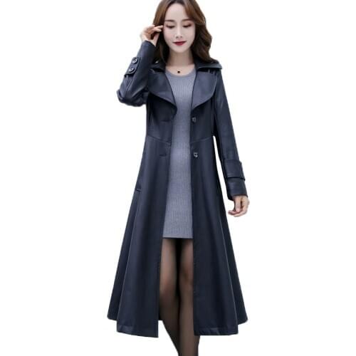 Fashion Faux leather coat women Plus size XL-6XL long jackets PU leather Windbreaker female Slim Black leather Outerwear G156