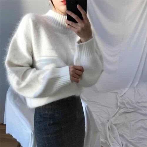 Women White Furry Knit Sweaters Jumper Pullovers Loose Soft Fluffy Rabbit Hair Solid Sweater Female Cashmere Turtleneck Pullover