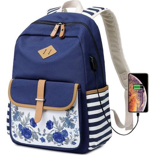 Flower Priting Backpacks Women Casual Lightweight Canvas Backpack For Teenage Girls School Bag Travel Daypack USB