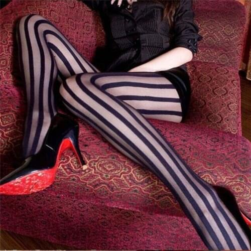 Women Breathable Pantyhose Sexy Skinny Stockings Vertical Stripes Transparent Fashion Cross Bandage Stockings